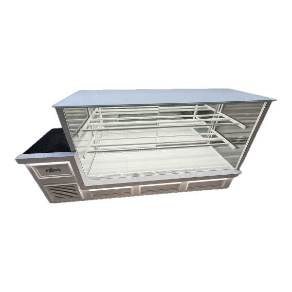 Fiamak Cooling 250 cm Bankolu Pasta Teşhir Dolabı Beyaz Mobilya İşlemeli Pastane Teşhir Dolabı